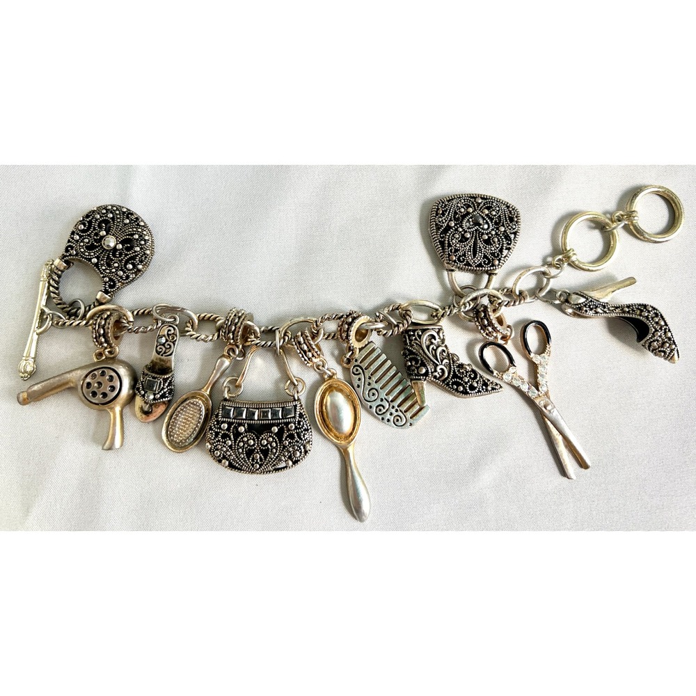 Hair Stylist Charm Bracelet Silver Tone Scissors Dryer Comb Shoes Purse 8"